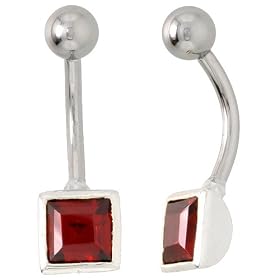 Belly Button Ring with Ruby Red Princess Cut Cubic Zirconia on Sterling Silver... by 