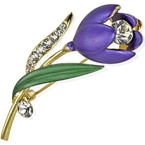 Simple Elegant Stem Flower Crystal Brooch Pin - Purple