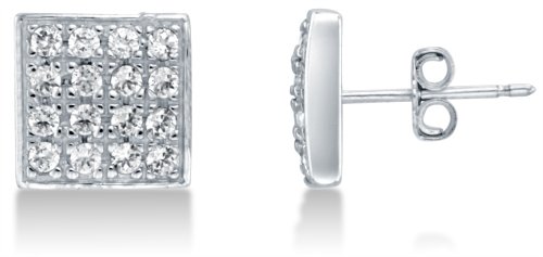Solid 14K White Gold Square Round Micro Pave Setting Highest Quality CZ Cubic Zirconia Studs Earrings with Push Back Closure (12mm)