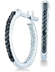 14k White Gold Two Double Sided Back and Front Round Black and White Diamond Hoop Huggie Earrings - 15mm Height * 2mm Width (1/4 cttw)