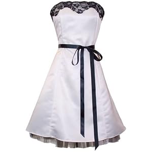 Strapless Satin Tulle Prom Dress Holiday Formal Bridesmaid Gown Black Lace Trim