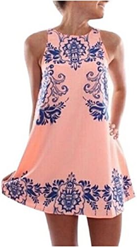 Women's Sleeveless China Floral Print Casual Loose Pink Dress (L)
