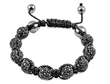 SH-10 B-LOW JET SHAMBALLA: Très joli bracelet fait main noir brillant en cuir avec des perles de 9 mm et des cristaux swarovski gris - Disco bling bling - environ 7-9" inch - Utopia - exclusivement vendu sur Jewellery-Online