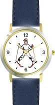 Young Boy Skier Wedging - Snow Skiing - WATCHBUDDY® DELUXE TWO-TONE THEME WATCH - Arabic Numbers - Blue Leather Strap-Women's Size-Small