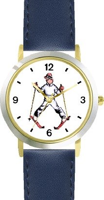 Young Boy Skier Wedging - Snow Skiing - WATCHBUDDY&reg; DELUXE TWO-TONE THEME WATCH - Arabic Numbers - Blue Leather Strap-Women's Size-Small