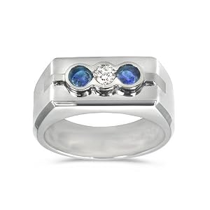 Men's Diamond Ring - Unique Three Stone Men's Diamond and Sapphire Ring in 18k White Gold (.15 dia / .40 sap ct. tw. / G Color / VS1-VS2 Clarity) - 10