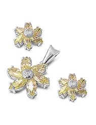 Sterling Silver Nature Flower Pendant with Earrings Jewelry Set with Yellow Topaz and Clear CZ