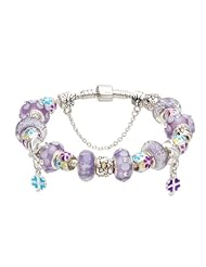 Purple murano glass beads blue four leaf clover pendant charm complete beaded silver plated bracelet compatible with Pandora style jewelry