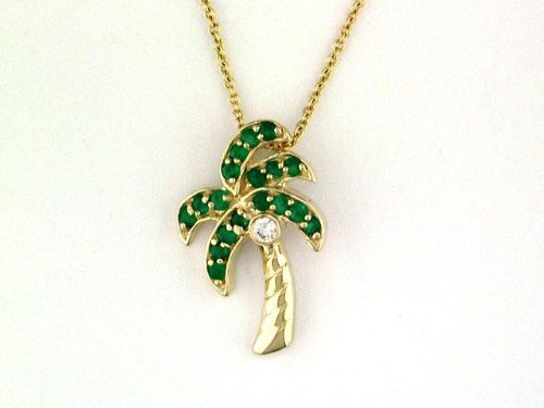 14K Emerald & Diamond Tropical Palm Tree Pendant
