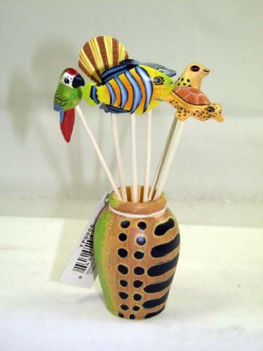 TROPICAL PARTY Tooth Pick and Holder Fish Bird Hawaiian