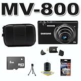 Samsung Multiview MV800 Red 16.1MP Digital Camera with 5x Optical Zoom (Black) Bundle Includes 8 GB Memory Card, Card Reader, Deluxe Carrying Case, Mini Tripod, and 3Pcs. Lens Cleaning Kit.