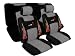 A Set of Low Back Type R Flame Racing Style Front Bucket Seat Covers, Head Rest Cover, Bench Seat Cover, Steering Wheel Cover and Shoulder Strap Cover - Grey