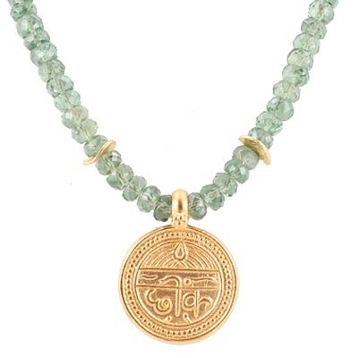 Round Sanskrit GOOD HEALTH Pendant in Gold Vermeil on Green Apatite Gemstone Bead Choker Necklace, 16