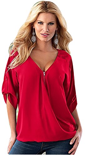 ELFIN®Women's Chiffon Sexy Long Sleeve V Neck Zipper Shirt Blouse Shirt