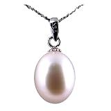 AugustinaJewelry Freshwater Cultured Oval Shape 9-10mm White Pearl Pendant with 18K White Gold,16" Sterling Silver 1MM Cable Chain