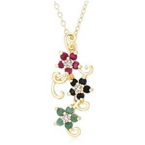 Yellow Gold Overlay Sterling Silver Sapphire, Ruby, Emerald and Diamond Accent Flower Pendant