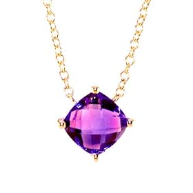14k Yellow Gold Cushion Cut Briollette Amethyst Solitaire Necklace by
