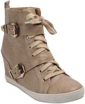 BONNIBE RILEY-1 Women's Zipper Lace Up Wedge Adjustable Bands Sneaker/Ankle Boot, Color:CAMEL, Size:6