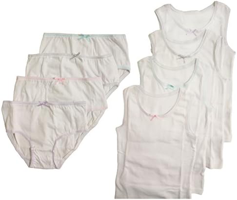 T Cottons Big Girls 4-pack Cotton Undershirt Tanks and Brief Panties Bundle - White (13/14)