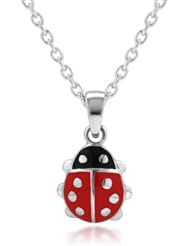 925 Sterling Silver Rhodium Plated Little Lucky Ladybug Red & Black Enamel Charm Pendant Necklace 13-15 (with 2 extension chain) Fashion Jewelry for Girls, Teen Girls- Nickel Free
