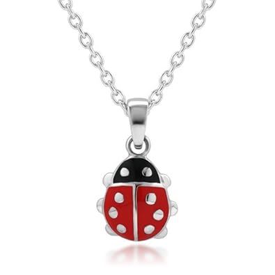 Cheap Girls Jewelry 925 Sterling Silver Rhodium Plated Little Lucky Ladybug Red & Black Enamel Charm Pendant Necklace 13-15 (with 2 extension chain) Fashion Jewelry for Girls, Teen Girls- Nickel Free For Sale