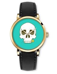 SPRAWL Aanalog Fashion Series Gold Ladies Watches of Genuine Black Leather Strap,Unique Wrist Watch for Women Girls Designed with Skull blue background