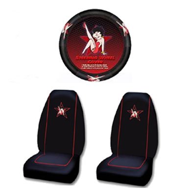 A Set of 2 Front Universal Fit Bucket Seat Cover and Steering Wheel Covver - Betty Boop Star Leg Up