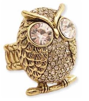 Trendy ZAD Ice Crystal Covered Owl Stretch Ring Antique Gold Tone