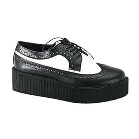 CREEPER-408 2 P F Blk Wht Leather Wingtip Creeper Shoe by Demonia