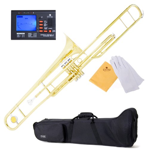 Mendini MTB-40 B Flat w/ Monel Pistons Valve Trombone + Case, Chromatic Tuner w/ Metronome, Cleaning Cloth, & a Pair of Gloves