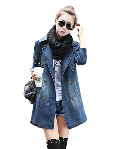 2015 春 デニム コート aライン ダブル レディース カジュアル レトロ ダメージ トレンチ風 春物 春服 スプリング ブルー S M L XL