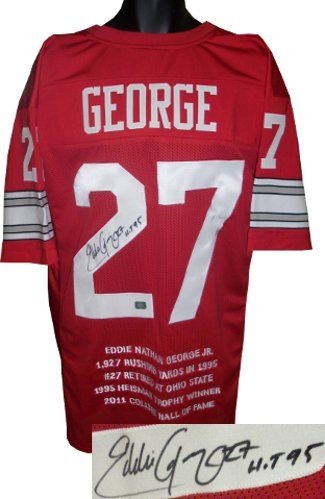 Eddie George Autographed/Hand Signed Ohio State Buckeyes Red Custom Jersey HT 95 w/ Embroidered Stat