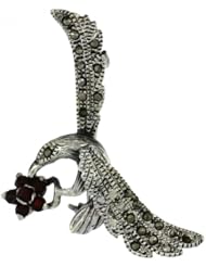 Sterling Silver Marcasite Hummingbird Brooch Pin w/ Round Garnet Stones, 1 11/16 in. (42mm) tall