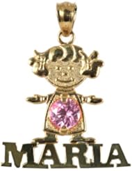 14k Yellow Gold, Girl Pendant Charm with Birthstone (Personalized your NAME/ color)