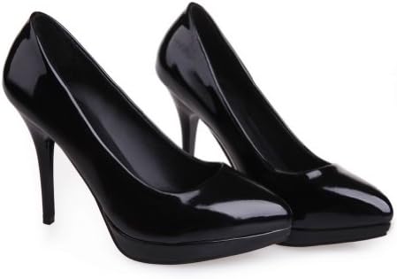 MayMeenth Womens Closed Pointed Toe High Heel Spikes Stilettos Platform PU Patent Leather Solid Pumps, Black, 35