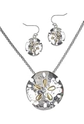 Two Tone Hammered Sand Dollar Necklace Magnetic Pendant Earrings & Popcorn Chain By Jewelry Nexus
