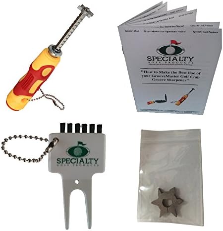 GrooveMaster Accessory Pack - 4 Items - Adjustable Golf Club Groove Sharpener with Large Rubber Grip + 1 Extra Replacement Cutter Head + Divot/brush Tool + Printed Full Color User Operations Booklet