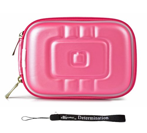 Metallic Pink EVA Durable Slim Protective Storage Cover Cube Carrying Case with Internal Mesh Pocket and Carabiner clip for Canon Power-Shot ELPH 500 HS ELPH 510 HS S95 SD970 IS SD1300 IS SD1400 IS SD3500 IS SD4000 IS SD4500 IS SX210 IS SX220 HS SX230 HS Powershot Point and Shoot Digital Camera + Includes eBigValue Determination Hand Strap Key Chain
