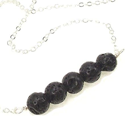 Aromatherapy Diffuser Necklace Black Lava Stone Beaded Bar and Stress Relief Blend Essential Oil Jewelry Gift Set (silver-plated-base)