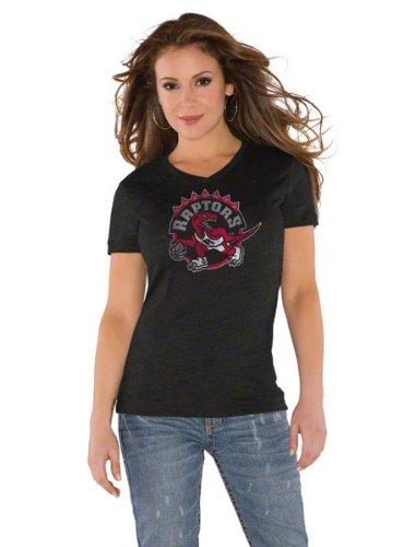 Toronto Raptors Black Women's Primary Logo Tri Blend V Neck T-Shirt- by Alyssa Milano