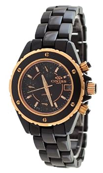 Oniss #ON8208-LRG Women's Rose Gold Trim Multi Function Display Black Ceramic Watch