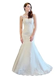 Bateau Neck Tulle Mermaid  Applique Wedding Dress  With Pearls