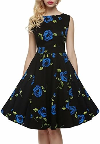 Karenemp Dresses Women'S Vintage 1950'S Sleeveless Floral Spring Garden Party Picnic Dress Blue Rosemedium Charming