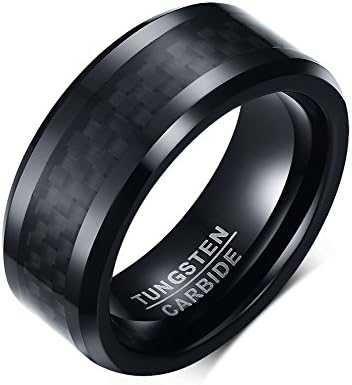SOL Rings Tungsten Wedding Band For Men, 8mm Black Tungsten Carbide Ring with Carbon Fiber Inlay and Polished Finish Beveled Edges, Comfort Fit, size 12