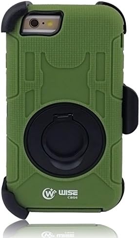 Wisecase ® Shock&drop-proof Amy-grade Protective Hard Defender with 360 Degree Rotating Ring Bracket Protective Case and Tpu Rubber & Silicone Case with Stand & Clip Three Layer Hard Shell Cover Holster for Apple Iphone 6 4.7" (Army Green+Black)