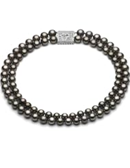 14K White Gold 8.5-10mm 2 Rows Black South Sea Tahitian Pearl AAA Quality Graduated Necklace 16" Length with Illussion Square Bar Shape with Knotted Heart "Love" Clasp.