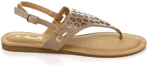 BellaMarie SAMI-1 Women Slingback Perforated SlipOn Gladiator Flat Thong Sandal, Color:TAUPE, Size:7
