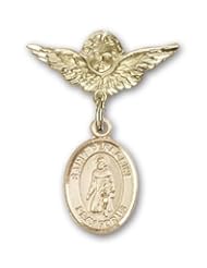 14K Gold Baby Badge with St. Peregrine Laziosi Charm and Angel with Wings Badge Pin