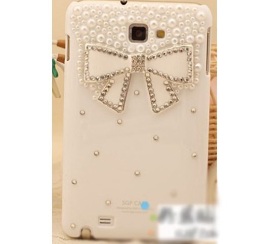 White Bow Pearl Bling 3d Diamond Crystal Hard Back Cover Case for Samsung Galaxy Note 1 N7000 I9220 I717