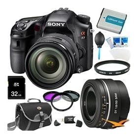 Sony Alpha A77 SLT-A77VQ A77VQ SLTA77 SLTA77VQ 24.3 MP Translucent Mirror Digital SLR With 16-50mm F2.8 lens + Sony 50mm f 1.8 ULTIMATE BUNDLE with High Speed 32GB Card, Full Size Tripod, Filters, High Capacity Spare Battery+ More!